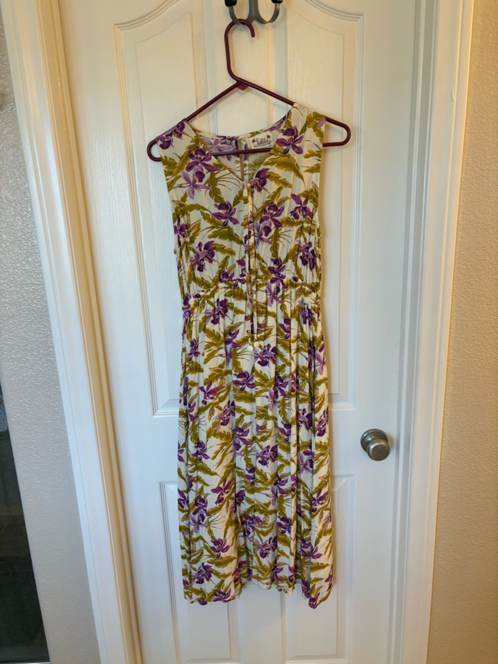 Sleeveless White Midi Dress with Purple Floral Print